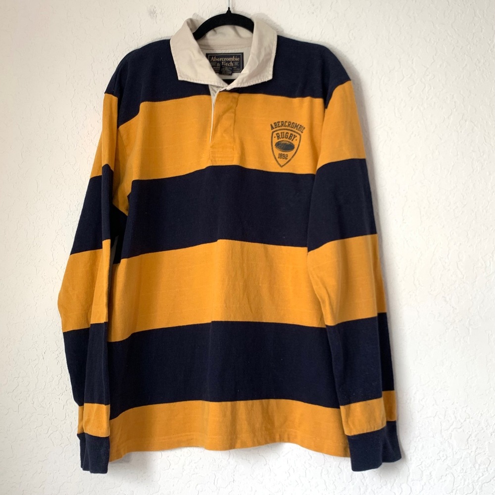 Y2K Abercrombie Fitch Rugby Shirt Men XL Navy Yellow Striped Long Sleeve Preppy